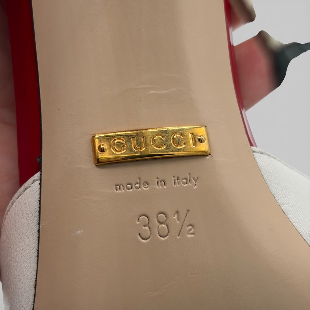 GUCCI Sadie *RARE* 2018 Studded Sz 38.5 White Leather Bow Heels Pumps 8.5 - Picture 10 of 12